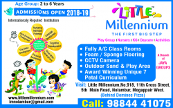 Pre schools, Playschools schools in Mogappair, Chennai, Little Millennium, 19, Mogappair West, DABC Main Road Nolambur, nearby DABC Aishwaryam - Phase II, Complex, Mogappair West,Mogappair East, Chennai