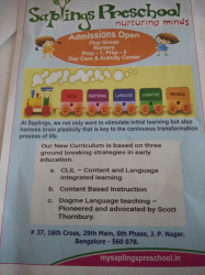 Pre schools, Playschools schools in Mico Layout, Bangalore, SAPLINGS PRE SCHOOL, 601, 15TH CROSS, 6TH PHASE,  JP NAGAR Outer Ring Road, 3rd Phase,JP Nagar, Bengaluru